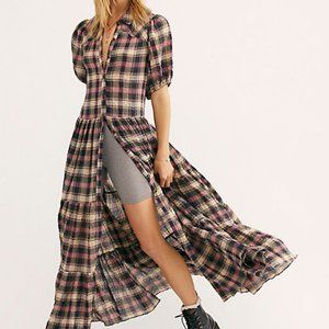 NEW Free People S Little Bit of Plaid Maxi Dress Duster Cardigan Pink Western